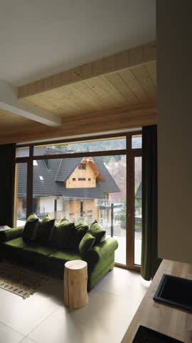 Cozy, Modern Living Room Inside A Wooden Chalet In Jaszczurówka, Zakopane, Poland - Vertical Shot