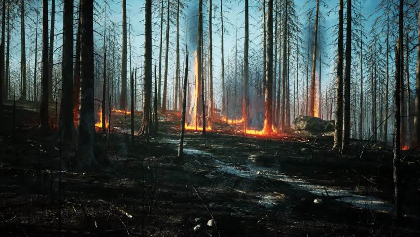 Intense forest fire consuming fallen trees and ground vegetation, showing destruction and flames, perfect for wildfire, disaster, and environmental visuals.