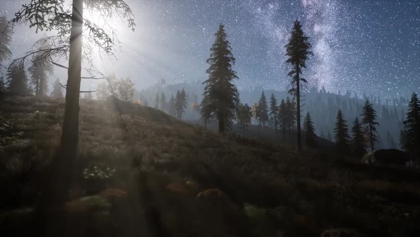 Milky Way and moonlight shine above a pine forest at night, creating a serene, cosmic, and starry nature scene for astronomy and landscape visuals.