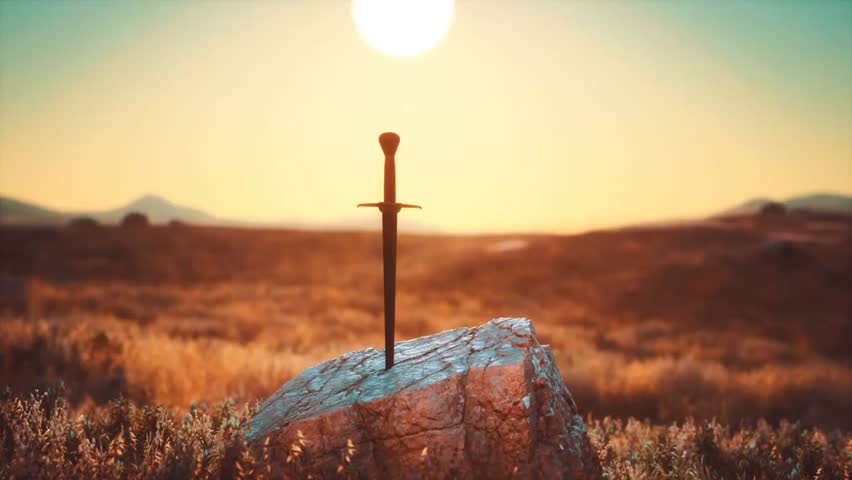 Legendary sword Excalibur embedded in a rock, iconic King Arthur artifact, medieval fantasy, myth, and heroic legend imagery.
