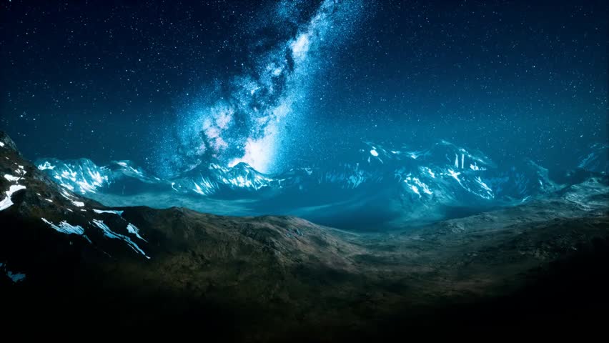 Milky Way galaxy shining over mountain peaks at night, with star-filled skies and a breathtaking cosmic landscape above rugged natural terrain.