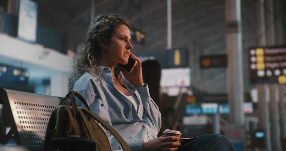 Young Woman Sits Comfortably In Airport Lounge, Enjoying Coffee While Having Cheerful Phone Conversation. Stress Free Travel Experience, Positive Emotions, and Staying Connected With Loved Ones.