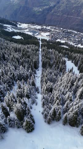 Aerial view of snowy pine trees landscape in French alps by winter, Courchevel ski resort and le Praz village in the background