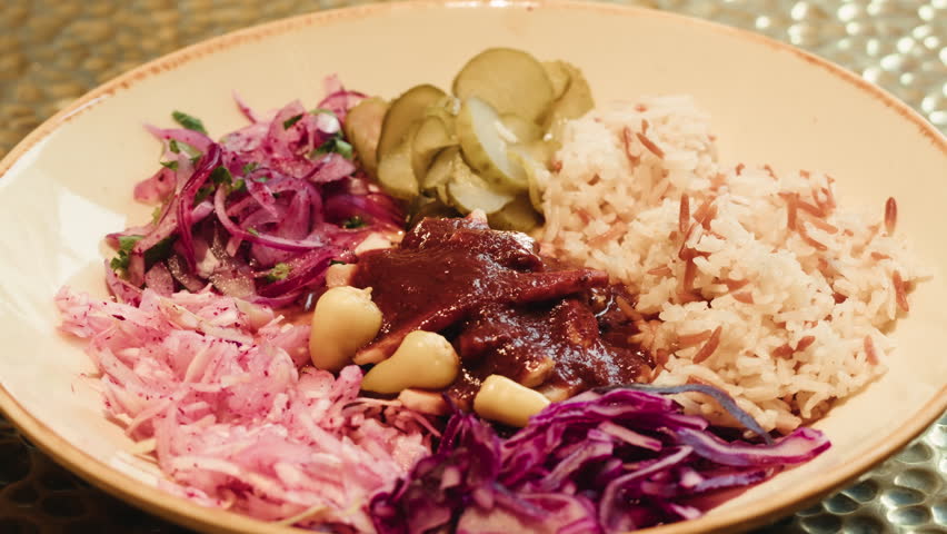 Gyros Plate with Rice and Salad isolated on white Background, turkish traditional rice with vegetables.