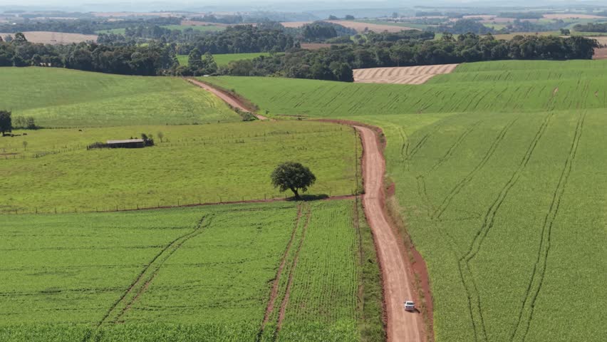 A car driving along a beautiful country road through farmland. Drone footage.