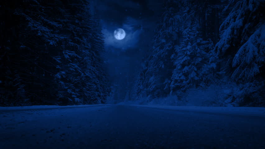Snowing On Road Through Forest With Moon Above