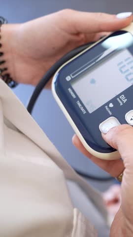 Closeup of a healthcare professional using a digital tonometer to check a patient's blood pressure, with the systolic reading increasing on the monitor during the cardiovascular examination