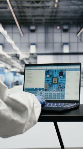 Vertical video Assessing hardware fabrication, laptop software and engineer in automated microchip foundry. Designing semiconductor manufacturing plant layout, notebook and expert, camera B