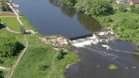 Aerial Rotation over River Small Waterfall