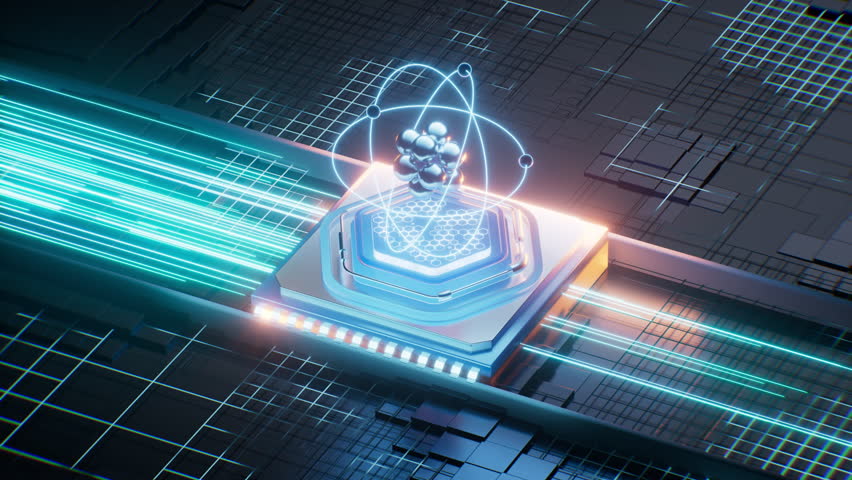 Physics atom with circuit board background, 3d rendering. Motion graphic. Non of any AI-generated content in the video.