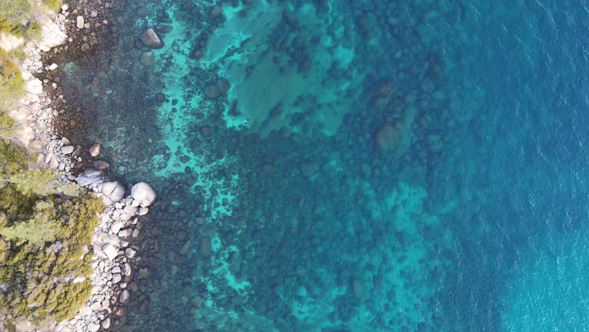 High-angle drone shot capturing the mesmerizing clarity of Lake Tahoe