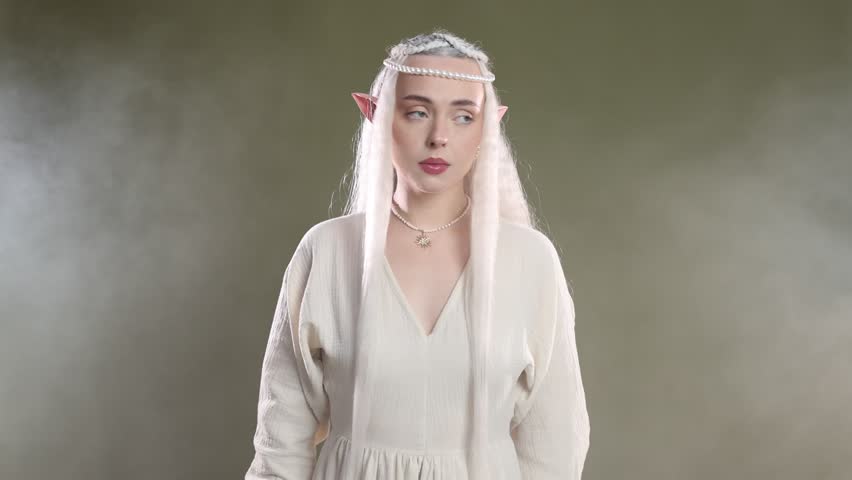 Beautiful girl dressed as elf showing hush gesture on olive background with smoke, camera moving in