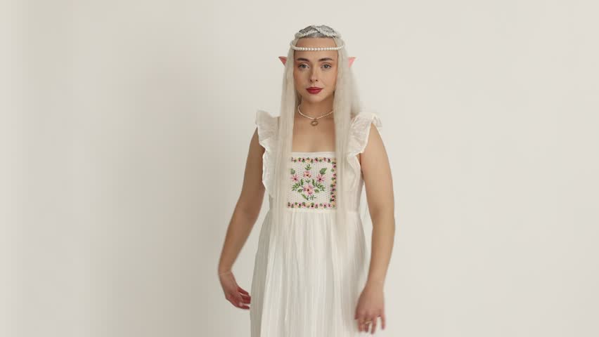 Beautiful girl dressed as elf on white background