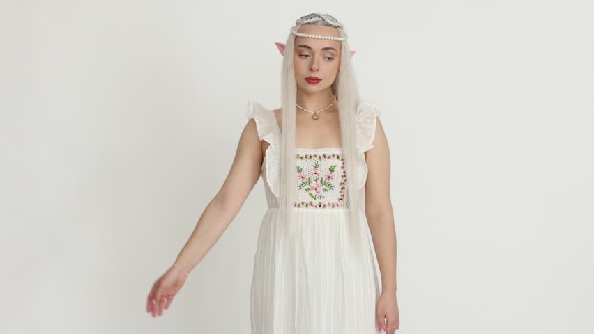 Beautiful girl dressed as elf on white background