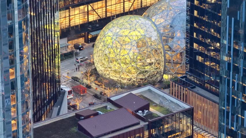 Seattle downtown skyline at blue hour with city lights, traffic and Lake Union park waterfront aerial view, Washington USA. g.