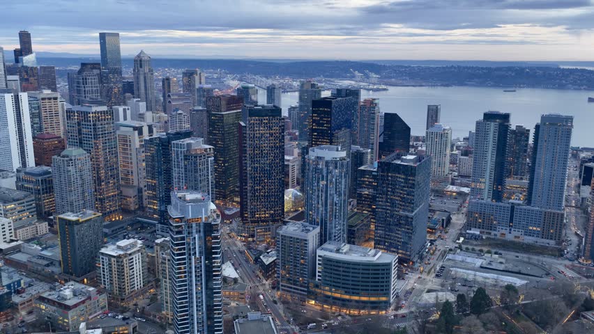 Seattle downtown skyline at blue hour with city lights, traffic and Lake Union park waterfront aerial view, Washington USA. g.