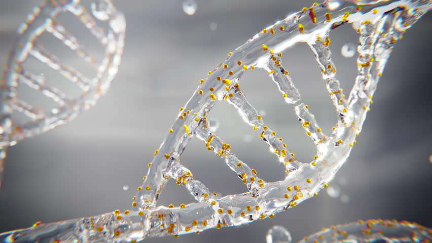 3D animation of a transparent DNA helix with glowing particles, symbolizing biotech, genetics, and advanced skincare. Ideal for science or beauty campaigns.