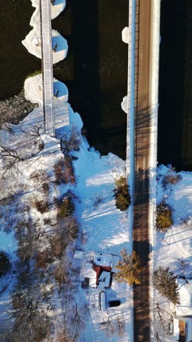 Top Down View of Railway Bridge and Hydroelectric Plant Over Trent River in Frankford Ontario Canada