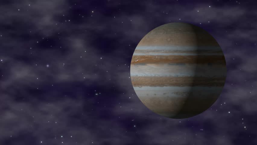A detailed 3D animation of Jupiter rotating against a dark purple nebula and starry background