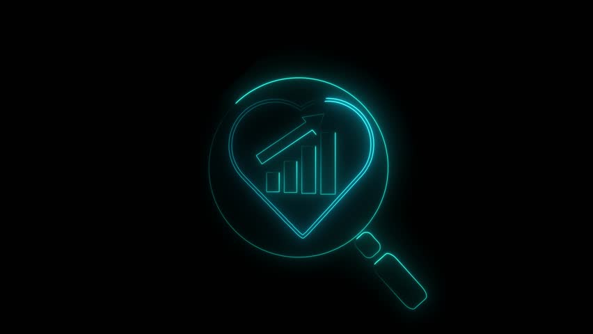 A magnifying glass reveals a heartshaped graph with rising bars and an arrow indicating positive growth 4k animation and black bakground ..