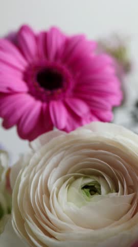 Close-up of a delicate spring flower bouquet with pink gerbera, roses and pastel flowers on a light background. Floral composition with copy space, spring and celebration concept.