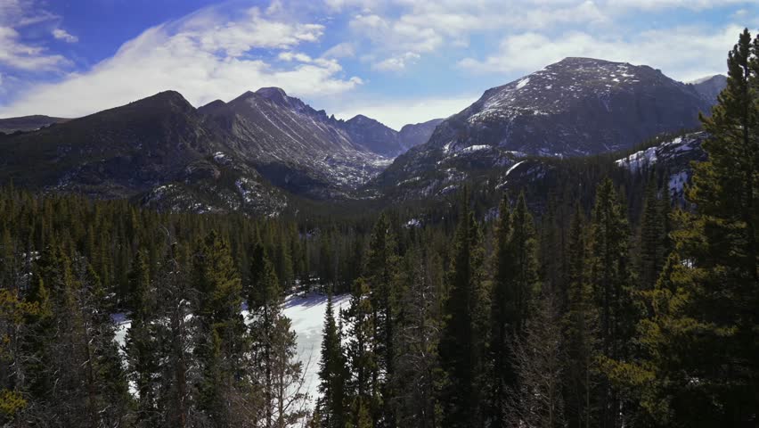 Winter Bear Lake Trailhead Longs Peak Rocky Mountain National Park sunny blue sky clouds Colorado Estes Park nature landscape Dream Emerald Lake view blowing snow wind trees hike trail frozen lake