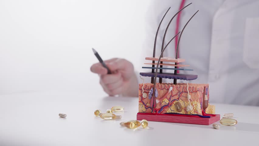 Detailed dermatology skin anatomy model with hair follicles and magnifier for medical education for trichologist.