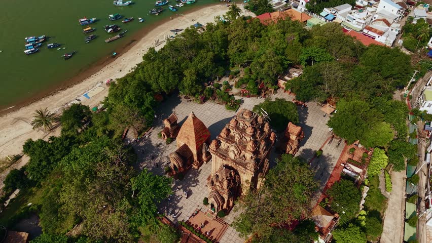 Aerial view of ancient po nagar cham towers in Nha Trang, Vietnam.
