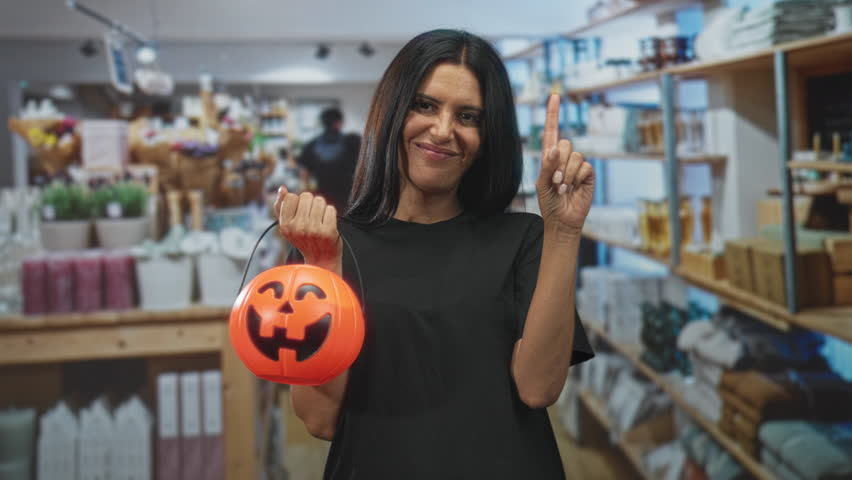 Woman holding orange pumpkin bucket by hand amid retail shelves inside a building store interior; playful celebration.