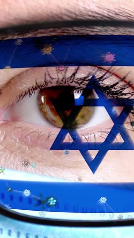 Israel state interests in vaccines, drugs invention, pathogenic viruses studying, preventive measures development. closeup, eye, part of doctor face in medical mask, glasses, which painted in colors o
