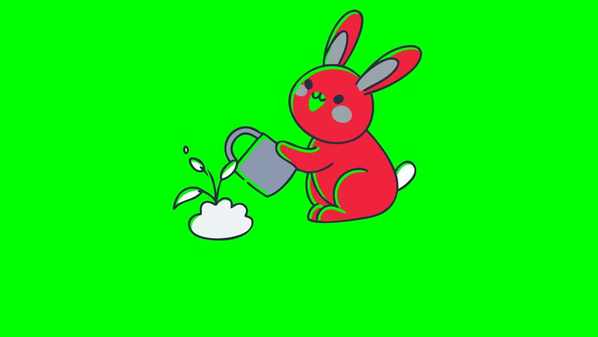 A charming animated red rabbit is depicted watering a tiny green sprout with a watering can. The background is a vibrant green screen, ideal for easy compositing.