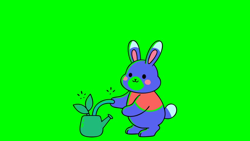 A charming animated bunny character is depicted watering a small plant with a watering can. The background is a vibrant green screen, making it ideal for easy compositing.