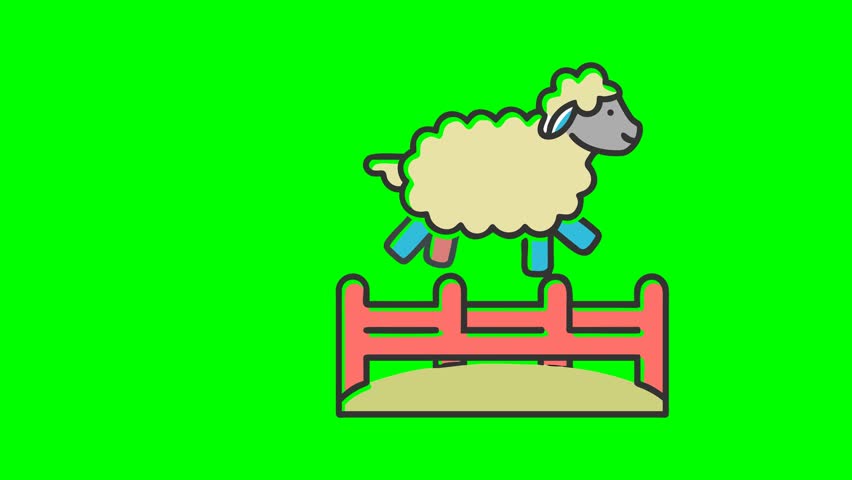A simple animated cartoon of a fluffy sheep leaping over a red fence. The background is a solid green screen, ideal for easy editing and compositing.