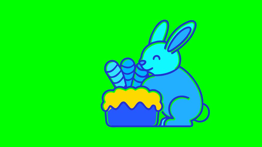 Animated illustration of a cheerful blue bunny holding Easter eggs next to a cake, set against a vibrant green screen background for easy editing.