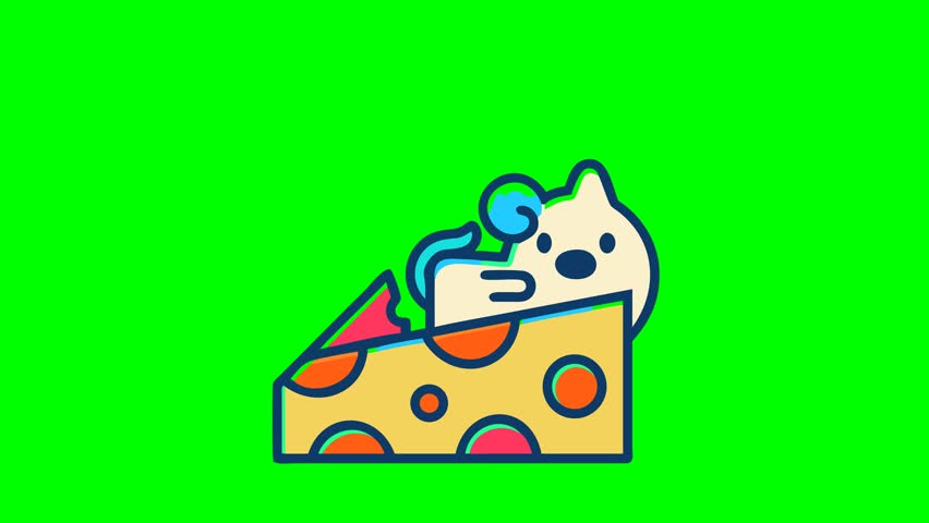 A charming animated mouse with a blue ear is playfully hiding behind a wedge of Swiss cheese, set against a vibrant green background.