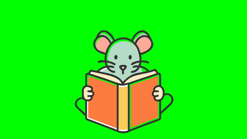 A charming illustration of a small, light green mouse engrossed in reading an open book. The background is a vibrant green, ideal for easy keying.