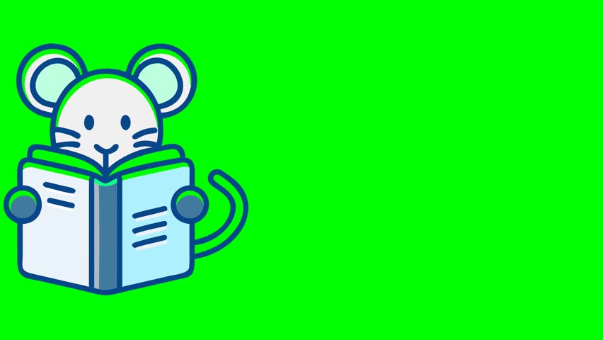 An adorable cartoon mouse engrossed in reading a book, set against a vibrant green screen for easy editing and compositing.