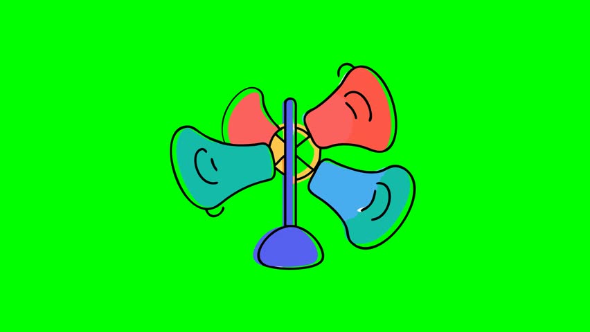A simple, colorful cartoon illustration of a fan with four blades, set against a vibrant green screen background. Ideal for animation or motion graphics.
