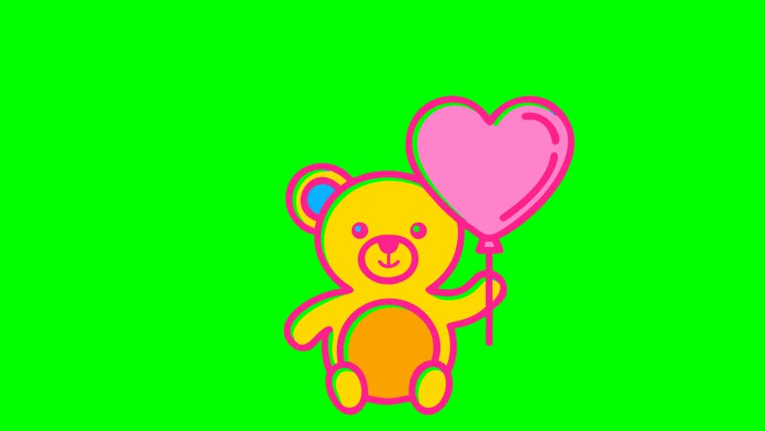 A charming animated teddy bear character with a bright yellow body and orange accents, holding a pink heart-shaped balloon. Ideal for children
