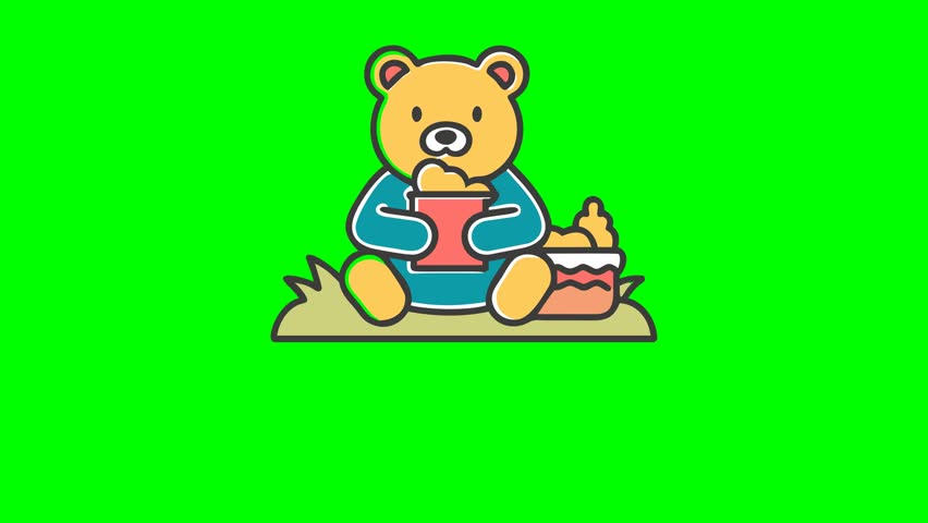 A charming animated teddy bear is depicted reading a book while perched on a tree branch, set against a vibrant green background.