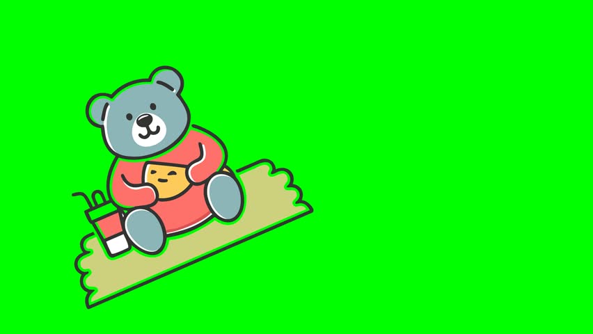 A charming illustration of a friendly bear sitting on a mat, holding a piece of cheese, with a drink nearby. Perfect for children