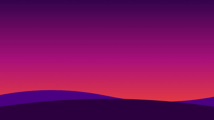 A serene and minimalist animation depicting a sunset over rolling hills, featuring a vibrant gradient sky in shades of purple and orange, a bright yellow sun, and stylized white clouds.