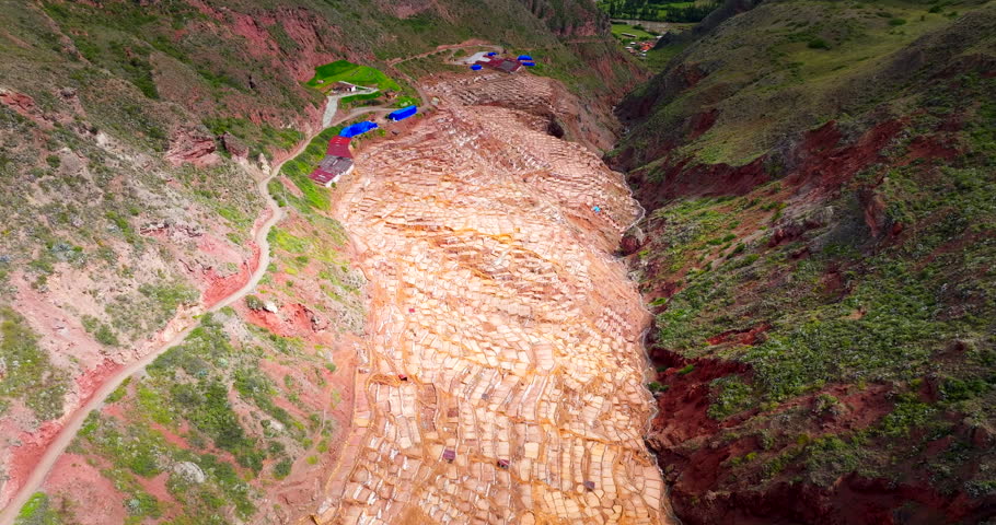 Aerial View, Salineras de Maras, Maras Salt Mines, Peru, South America,