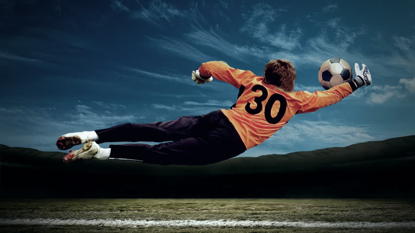 Timelapse view of soccer goalman in jump with traditional ball (my effect: