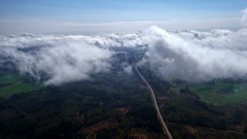 Expansive view of natural terrain with clouds and winding road in forest