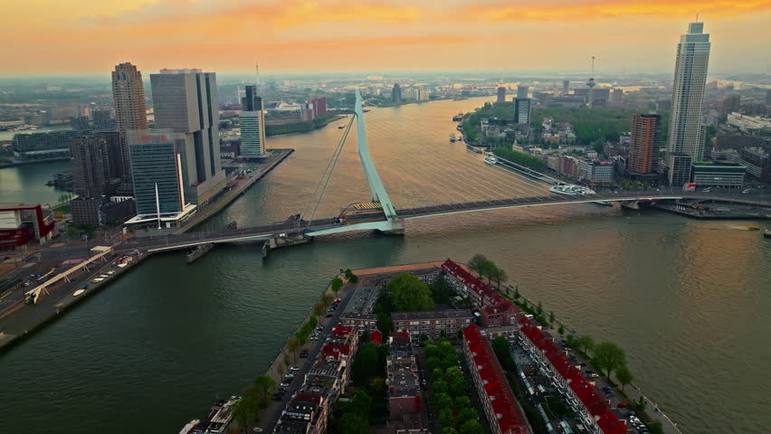 Aerial view of the city of Rotterdam, one of the largest ports in Europe. Panorama of the city with modern architecture and port infrastructure