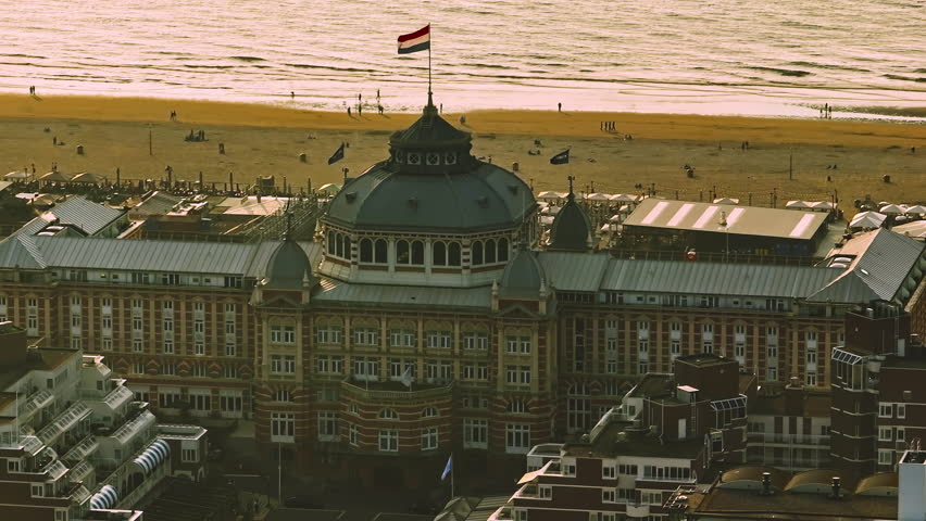 Aerial view of Scheveningen Beach in city Hague, Scheveningen Pier and famous Ferris wheel skyview de Pier