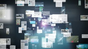 Floating digital panels and blurred interfaces create a sense of constant information flow, representing the overwhelming stream of data, news, and online communication in modern life. - Powered by Shutterstock - Get 15% off with code: PIKWIZARD15