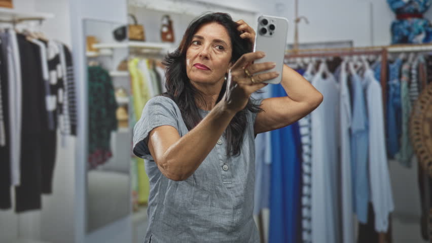 Woman holds smartphone taking a mirror selfie while adjusting hair and checking outfit in a clothing boutique building; calm confidence.
