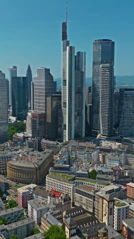  Aerial view of Frankfurt with modern skyscrapers beautiful sunny day, city center. Financial capital of Europe, Hesse, Germany